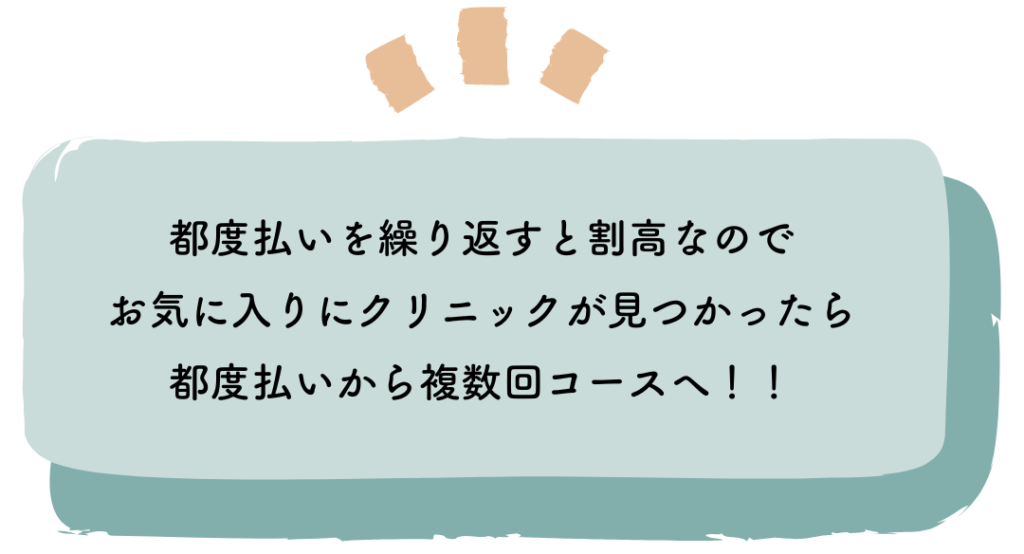 都度払いを繰り返すと割高なので
お気に入りにクリニックが見つかったら
都度払いから複数回コースへ！！